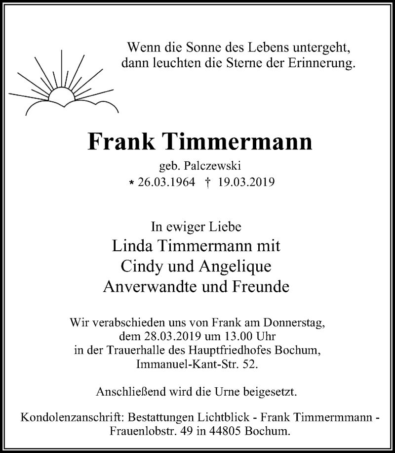  Traueranzeige für Frank Timmermann vom 23.03.2019 aus Stadtspiegel Bochum