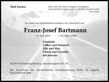 Traueranzeigen von FranzJosef Bartmann TrauerinNRW.de