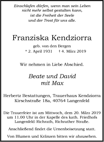 Traueranzeige von Franziska Kendziorra von Wochen-Anzeiger Langenfeld/Monheim/Hilden