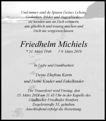 Traueranzeige von Friedhelm Michiels von Stadtspiegel Gladbeck