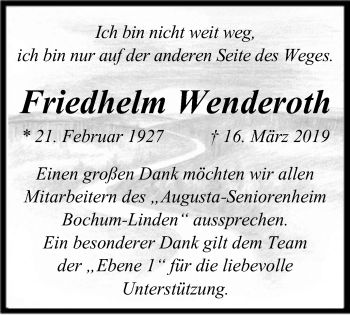 Traueranzeige von Friedhelm Wenderoth von Stadtspiegel Bochum