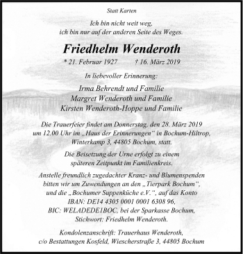 Traueranzeige von Friedhelm Wenderoth von Stadtspiegel Bochum