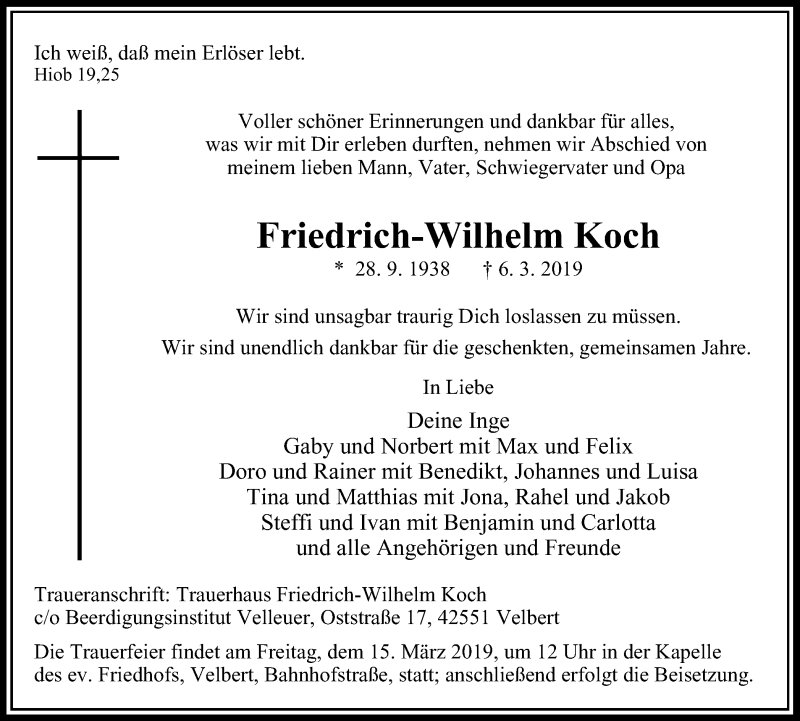  Traueranzeige für Friedrich-Wilhelm Koch vom 09.03.2019 aus Stadtanzeiger Velbert + Heiligenhaus