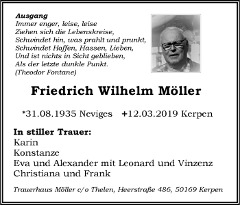 Traueranzeige von Friedrich Wilhelm Möller von Stadtanzeiger Velbert + Heiligenhaus