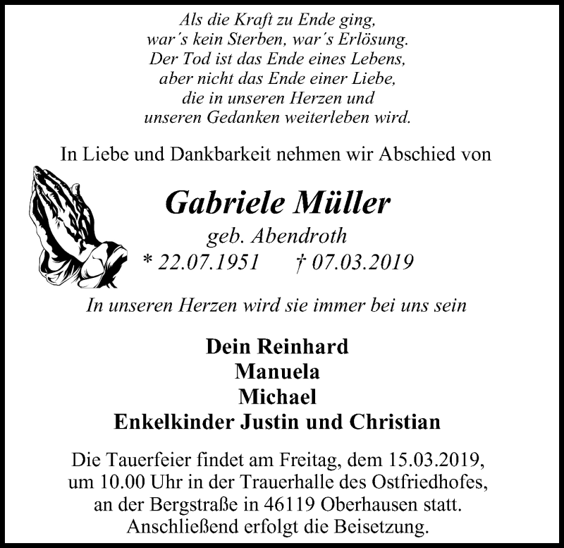  Traueranzeige für Gabriele Müller vom 13.03.2019 aus Wochen-Anzeiger Oberhausen