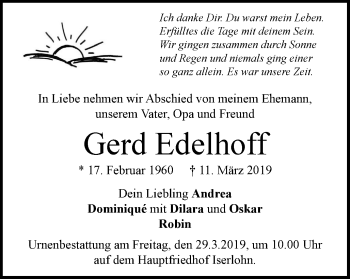 Traueranzeige von Gerd Edelhoff von Stadtspiegel Iserlohn + Hemer