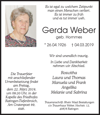Traueranzeige von Gerda Weber von WVW Anzeigenblätter