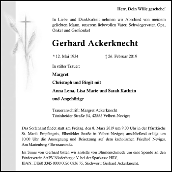 Traueranzeige von Gerhard Ackerknecht von Stadtanzeiger Velbert + Heiligenhaus