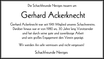 Traueranzeige von Gerhard Ackerknecht von Stadtanzeiger Velbert + Heiligenhaus