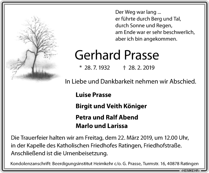  Traueranzeige für Gerhard Prasse vom 07.03.2019 aus WVW Anzeigenblätter