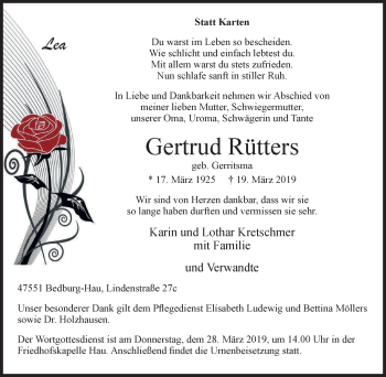 Traueranzeige von Gertrud Rütters von Klever Wochenblatt