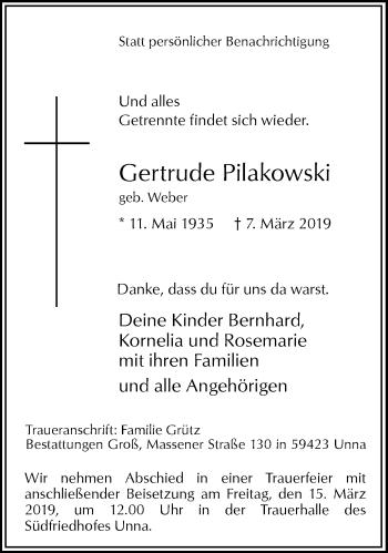 Traueranzeige von Gertrude Pilakowski von Stadtspiegel Kamen + Unna