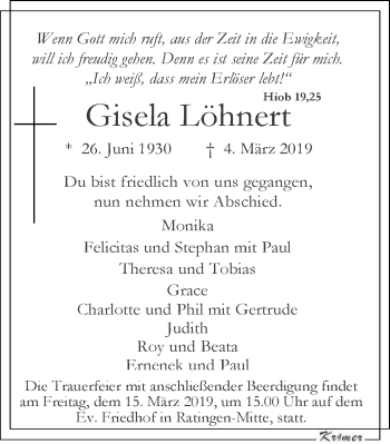 Traueranzeige von Gisela Löhnert von WVW Anzeigenblätter