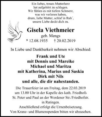 Traueranzeige von Gisela Viethmeier von WVW Anzeigenblätter