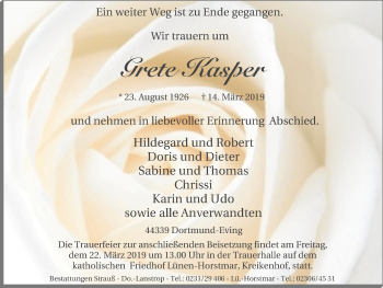 Traueranzeige von Grete Kasper von Lüner Anzeiger