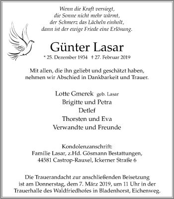 Traueranzeige von Günter Lasar von Stadtanz.Castrop-Rauxel