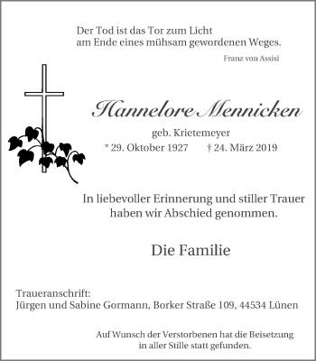 Traueranzeige von HAnnelore Mennicken von Lüner Anzeiger