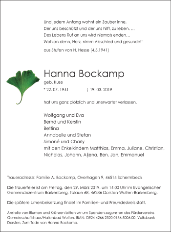 Traueranzeige von Hanna Bockamp von Stadtspiegel Haltern + Dorsten