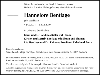 Traueranzeige von Hannelore Bentlage von Stadtspiegel Bochum