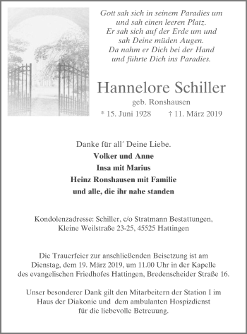 Traueranzeige von Hannelore Schiller von Stadtspiegel Hattingen/Niedersprockhövel