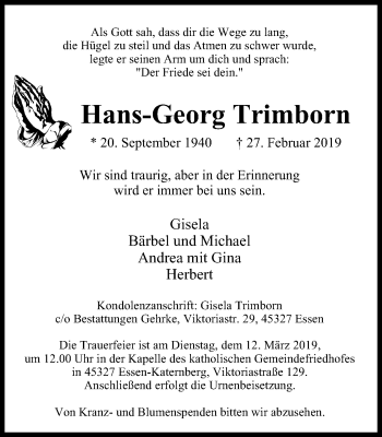 Traueranzeige von Hans-Georg Trimborn von Nord Anzeiger Essen