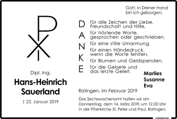 Traueranzeige von Hans-Heinrich Sauerland von WVW Anzeigenblätter