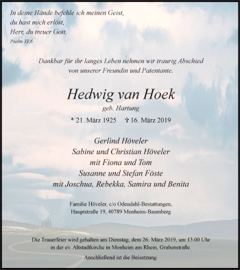 Traueranzeige von Hedwig van Hoek von Wochen-Anzeiger Langenfeld/Monheim/Hilden