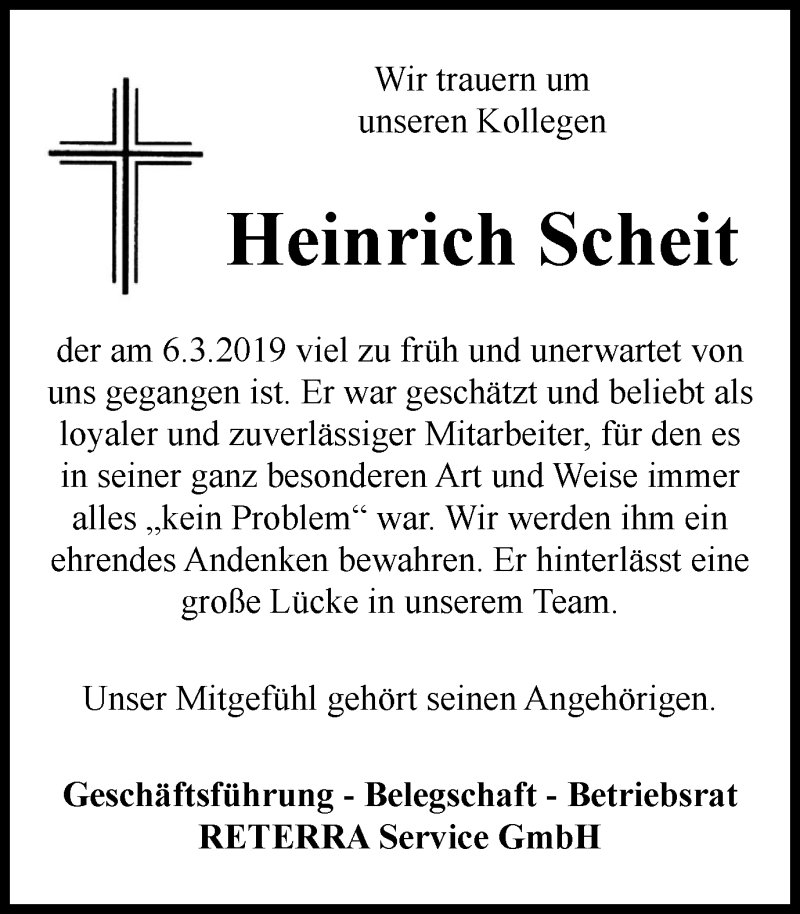  Traueranzeige für Heinrich Scheit vom 16.03.2019 aus Wochen-Anzeiger Duisburg