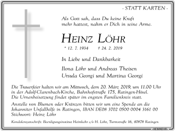Traueranzeige von Heinz Löhr von WVW Anzeigenblätter