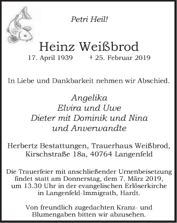 Traueranzeige von Heinz Weißbrod von Wochen-Anzeiger Langenfeld/Monheim/Hilden