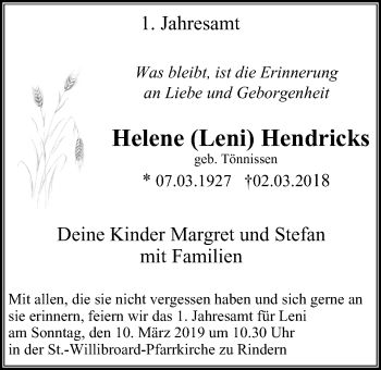 Traueranzeige von Helene Leni Hendricks von Klever + Gocher Wochenblatt