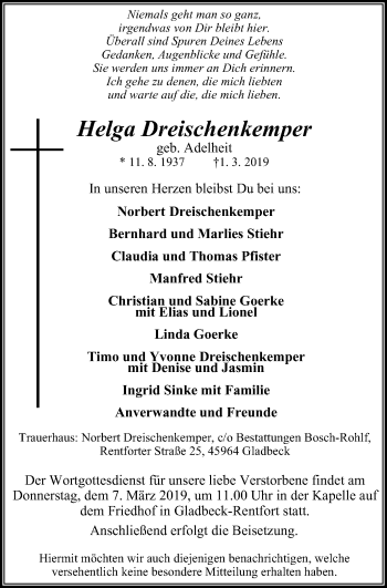 Traueranzeige von Helga Dreischenkemper von Stadtspiegel Gladbeck