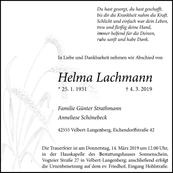 Traueranzeige von Helma Lachmann von Stadtanzeiger Velbert + Heiligenhaus