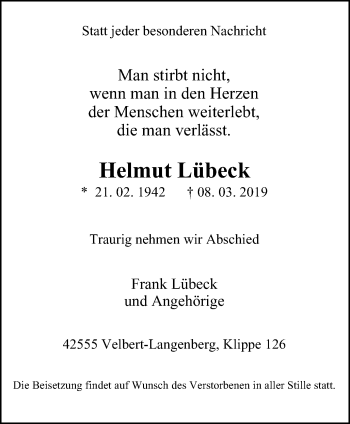 Traueranzeige von Helmut Lübeck von Stadtanzeiger Velbert + Heiligenhaus