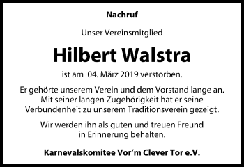 Traueranzeige von Hilbert Walstra von Der Weseler + Der Xantener