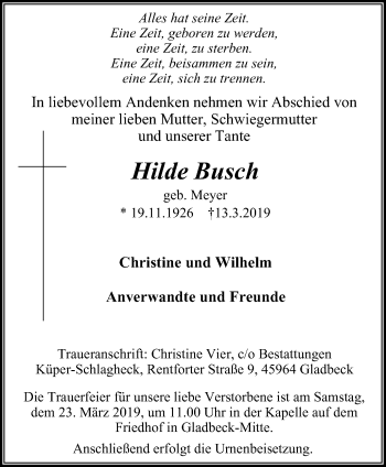 Traueranzeige von Hilde Busch von Stadtspiegel Gladbeck