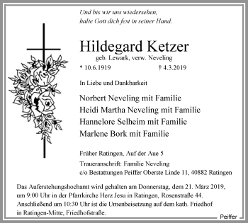Traueranzeige von Hildegard Ketzer von WVW Anzeigenblätter