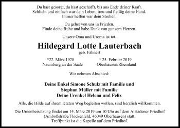 Traueranzeige von Hildegard Lotte Lauterbach von Wochen-Anzeiger Oberhausen
