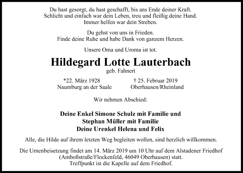  Traueranzeige für Hildegard Lotte Lauterbach vom 09.03.2019 aus Wochen-Anzeiger Oberhausen
