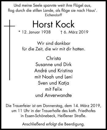 Traueranzeige von Horst Kock von Borbeck Kurier