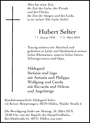 Traueranzeige von Hubert Selter von Wochen-Anzeiger Langenfeld/Monheim/Hilden