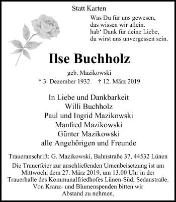 Traueranzeige von Ilse Buchholz von Lüner Anzeiger