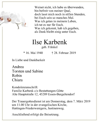 Traueranzeige von Ilse Karbenk von Stadtspiegel Hattingen/Niedersprockhövel
