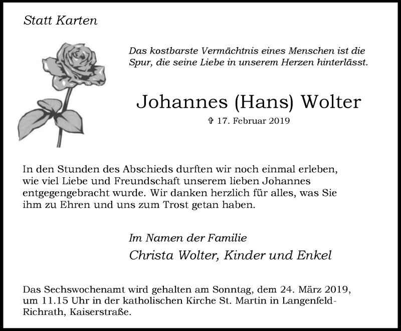  Traueranzeige für Johannes  Wolter vom 16.03.2019 aus Wochen-Anzeiger Langenfeld/Monheim/Hilden