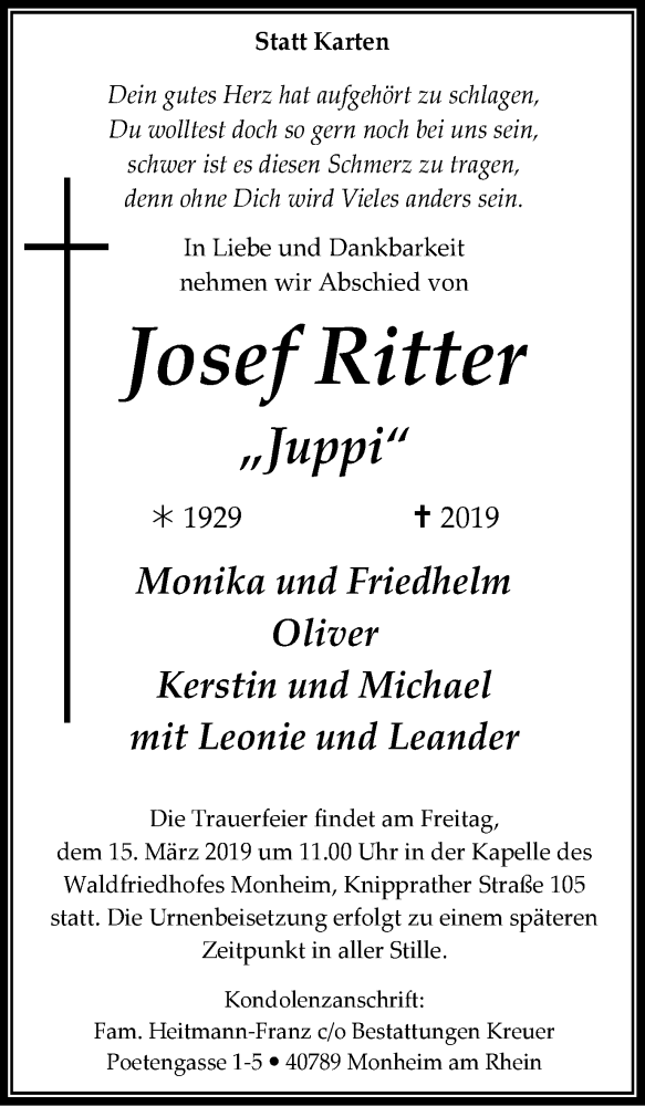 Traueranzeigen von Josef Ritter | Trauer-in-NRW.de