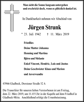 Traueranzeige von Jürgen Strunk von Stadtspiegel Gladbeck