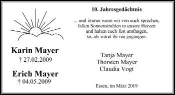 Traueranzeige von Karin und Erich Mayer von Stadtspiegel Essen