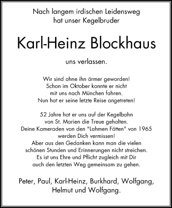 Traueranzeige von Karl-Heinz Blockhaus von Stadtanzeiger Velbert + Heiligenhaus