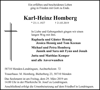 Traueranzeige von Karl-Heinz Homberg von Stadtspiegel Menden + Froendenberg
