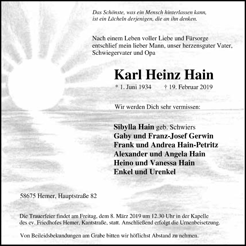  Traueranzeige für Karl Heinz Hain vom 06.03.2019 aus Stadtspiegel Iserlohn + Hemer